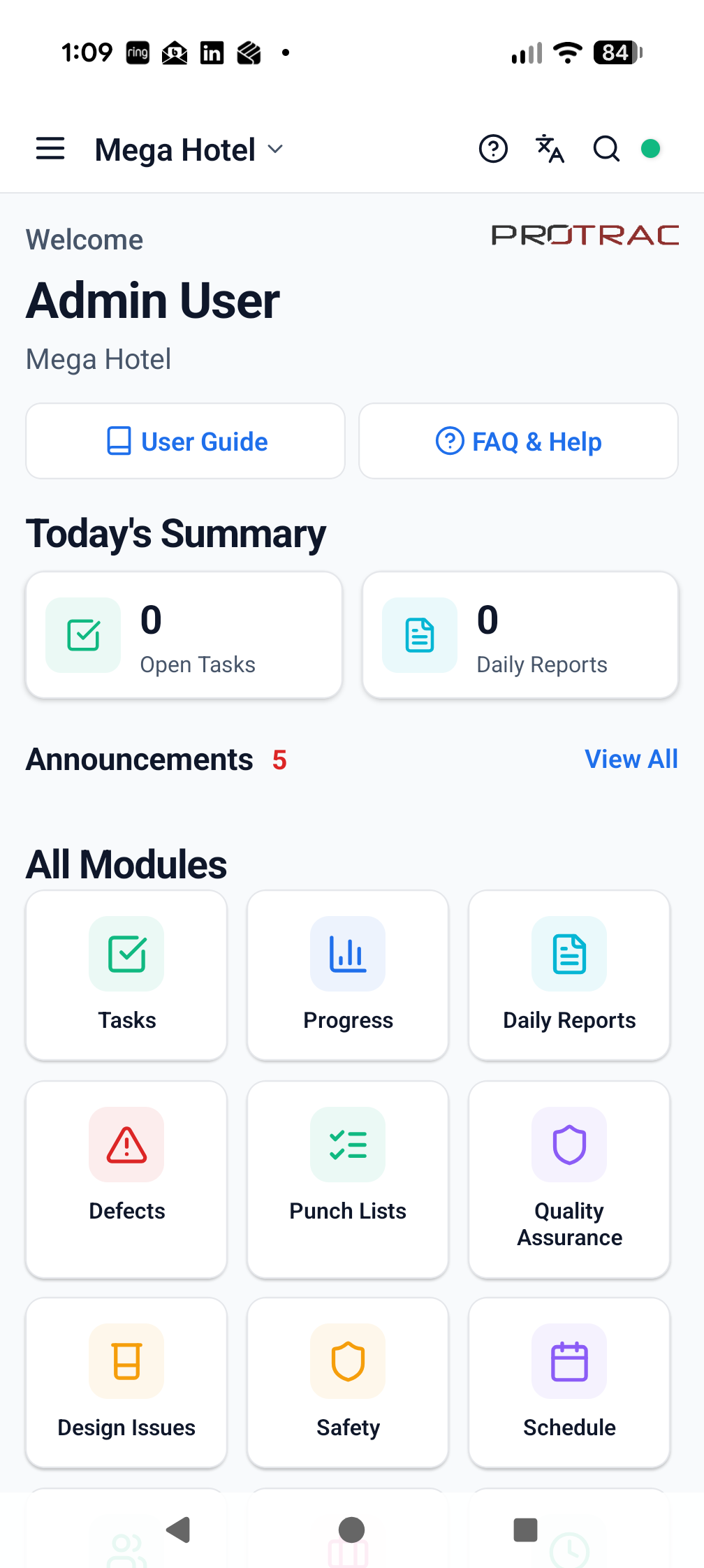 ProTrac CMS English project dashboard
